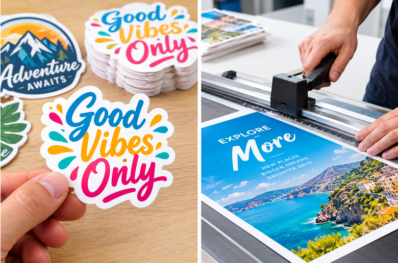 Custom sticker digital printing Singapore with finished stickers and posters