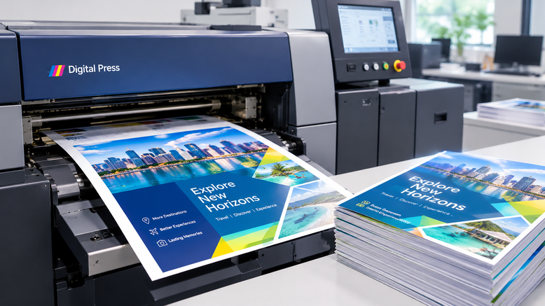 Digital printing services Singapore, colour brochures coming off a digital press